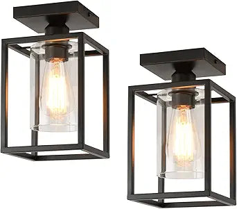 2 Pack Semi Flush Mount Ceiling Light, Black Metal Frame with Clear Glass Shade, Farmhouse Light Fixture for Kitchen, Island, Entryway, Porch, Foyer, Dining Room