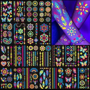 Temporary Tattoos 260+ PCS Glow in the Dark Tattoos, 32 Sheets UV Neon Black Light Body Face Fake Tattoo Stickers for Adult Women Men, Rave Festival Neon Accessories Glow in the Dark Party Supplies