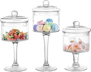 MyGift 3-Piece Clear Glass Apothecary Candy Jar Set with Lids  Decorative Party Display Containers for Wedding Centerpieces, Dessert Tables, Kitchen Counter Storage, and Bathroom Dcor