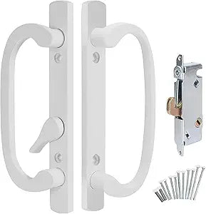 Sliding Glass Patio Door Handle Set with Mortise Lock  White Non-Keyed Offset Latch  Fits Sash Controls 2265, 3-15/16" Hole Spacing, 1-1/4" to 2-1/4" Thick Doors  Complete Hardware Kit
