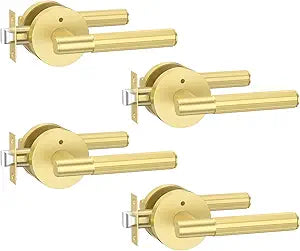 Amerdeco 4 Pack Brushed Gold Door Handles Interior,Knurled Privacy Door Handles with Lock,Heavy Duty Door Lever for Bedroom or Bathroom,Reversible Keyless for Left Right Handed Doors AM0033
