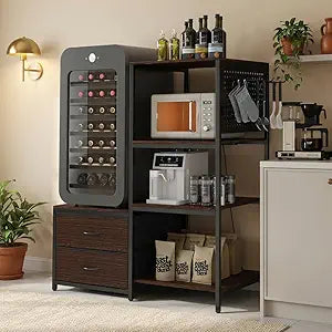 Mini Fridge Stand with Adjustable Shelf, Power Outlet & Storage, Kitchen Organizer for Microwave, Coffee Bar, Dorm, Office (Walnut)