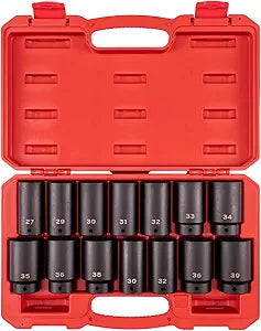 TEKTON 1/2 Inch Drive Deep 6-Point and 12-Point Axle Nut Impact Socket Set with Case, 14-Piece (27-39 mm) | SID92341