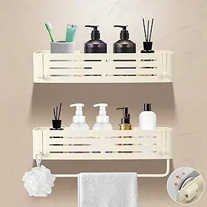 Lekesky Suction Cup Shower Caddy, No Drill Shower Shelves with a Towel Bar, Aluminum Rust Proof Bathroom Shower Organizer with 12 Hooks2-Pack, Cream