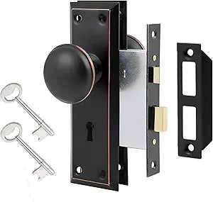 4 Pack Mortise Lock Set Interior Door with Vintage Door Knob Old Door Knob Replacement, Fits 1-3/8 to 1-3/4 Doors, Rustproof Zinc Alloy & Skeleton Key, Oil Rubbed Bronze