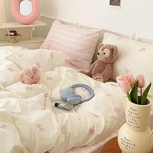 Nayoroom Bow Duvet Cover Queen Size 100% Cotton White Pink Striped Reversible Coquette Bedding Set 3 Pcs Soft Breathable Cute Aesthetic Comforter Cover with Zipper Closure Gift for Women Girls