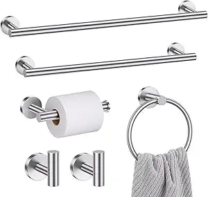 Bathroom Hardware Set, 6-Piece Towel Bar Set Brushed Nickel Towel Holder Set Includes 19.68/23.6 in Towel Bar,Toilet Paper Holder,Towel Ring and Towel Hook Wall Mount Bathroom Accessories Set