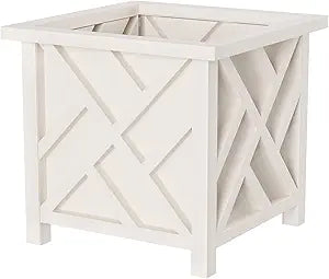 Lattice Design Outdoor Planter Box - 14.75 Square 13 Tall White Plant Pot - Decorative Plant Pots for Front Porch Decor - Flower Pots Outdoor Planters for Porch Patio or Garden Decor by Pure Garden