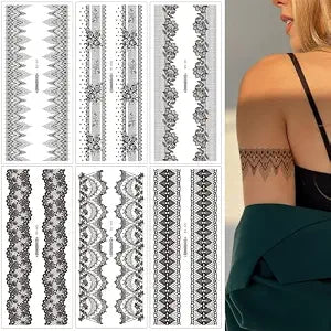 8 Sheets Lace Temporary Tattoo Stickers Sexy Black Lace Thigh Arm Fake Tattoo Waterproof Art Stickers for Wedding Festival Party