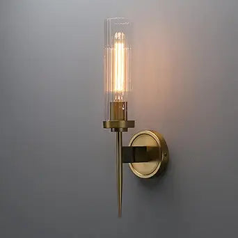 Phansthy Bathroom Vanity Light Antique Brass 1-Light Wall Sconce with 2.8 Inches Diameter Cylinder Ribbed Clear Glass Canopy (One-Light)