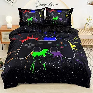 Gaming Duvet Cover, Twin Size, Boys Gamer Bedding Set, 3 Piece with 2 Pillow Shams