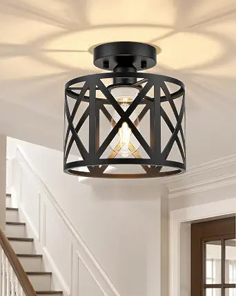 BLNAN Farmhouse Semi Flush Mount Ceiling Light Fixture E26 Metal Cage Industrial Ceiling Lighting for Kitchen, Bedroom, Foyer, Entryway, Laundry Room, Dining Room, Hallway 8 Inch Black