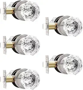 Clear Glass Passage Door Knobs 5 Pack, Closet Crystal Closet Door Knobs Interior, Satin Nickel Door Knobs