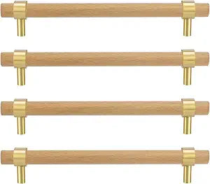 Adjustable Drawer Pulls Natural Wood and Brass Cabinet Handles for Kitchen Cupboard Closet,4Set Boho Wood and Gold Dresser Knob Unfinished DIY Brushed Brass Base 5.5~7.4 Inch 4Pack