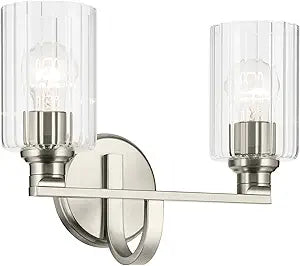 Kichler Gioe 14.25" 2-Light Bathroom Vanity Light Fixture with Clear Fluted Glass in Brushed Nickel, Damp Rated for Bathroom Over Mirror (14.25" W x 10.5" H), 55225NIFLU