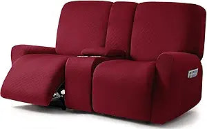 ULTICOR Squared Jacquard Design Reclining Loveseat with Middle Console Slipcover, 8-Piece Stretch Sofa Covers, 2 seat Loveseat Recliner Cover (Loveseat with Console Recliner Cover, Burgundy - Wine)