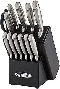 Farberware Self-Sharpening 13-Piece Knife Block Set with EdgeKeeper Technology, High Carbon-Stainless Steel Kitchen Knives, Razor-Sharp Knife Set with Wood Block, Black