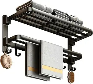 (1 Pack) Yariwiz Matte Black Towel Rack Wall Mounted No Drill and Screw Mounting, Bathroom Bath Shower Length 24 inch Double Towel Rod with Shelf Hotel Towel Rack B0502-MB