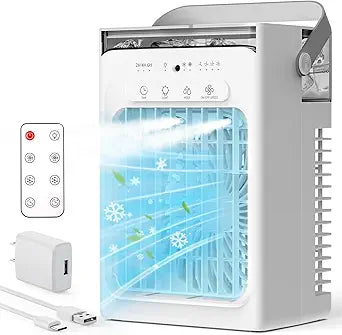 Portable Air Conditioners, Mini Personal Evaporative Cooler with Remote, 2 Mist Modes, 4 Wind Speeds, 1100 ML Water Tank, 2/4/6H Timer, Colorful Light, USB-C Powered Cooling Fan for Room Office Car