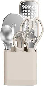 bella 7-Piece Modular Gadget Set, Grater, Pizza Cutter, Ice Cream Scoop, Peeler, Shears, Bottle Opener, Crock with removable divider, Dishwasher Safe, Oatmilk