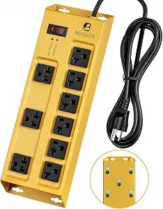 Magnetic Heavy Duty 20A Power Strip with Surge Protector, 9-Outlet Metal Junction Box with 6FT 12/3 Gauge Cord, for Garage, Workshop & Appliance (Yellow)