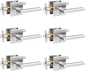 HOSOM 6 Pack Privacy Door Handles Interior for Bedroom and Bathroom, Satin Nickel Interior Door Handles with Lock, Heavy Duty Interior Door Levers, Keyless Reversible Square Door Locks Door Knob