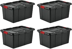 Sterilite 8-Pack Industrial Tote, Plastic Storage Bins with Lids, 27 Gallon, Black - Heavy-Duty Organizing Containers for Closet, Bathroom, and Office