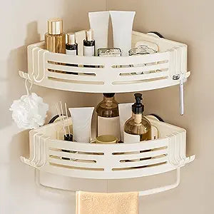 Conworld Corner Shower Caddy Suction Cups, Corner Shower Shelf With a Towel Bar, Shower Organizer Suction for Bathrooms Storage with Hooks, No-Drilling Removable (Aluminum, 2-Pack, Cream)