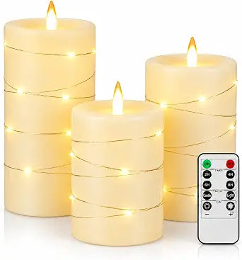 Upinmz Ivory Real Wax Flameless LED Candles, Fairy Lights, Remote, Set of 3