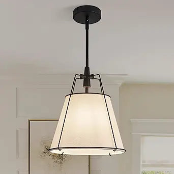 Modern Pendant Light Fixtures with 12" White Linen Fabric Shade, Adjustable Hanging Light Fixture,Drum Black Vintage Chandelier for Kitchen Island Bedroom Dining Room Foyer Entryway