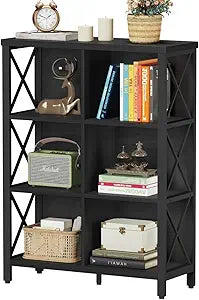 FATORRI 6 Cube Storage Organizer with Storage, Modern 4-Tier Bookshelf with X-Shaped Metal Frame, Black Wood Bookcase for Living Room, Home Office, Bedroom, Easy Assembly