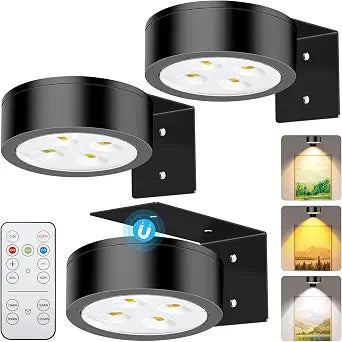 Battery-Powered Picture Lights with Remote Control, Magnetic LED Art Lights for Framing, Dimmable and Timer-Equipped, 3 Lighting Modes,3Pack Black