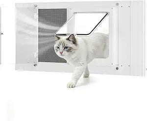 All Season Cat Window Door with Screen Mesh & Clear Acrylic Panel,28"-32" Adjustable Width,Magnetic Closure Weatherproof Pet Door for Window,Aluminum Frame Window Cat Door Insert for Sliding Windows