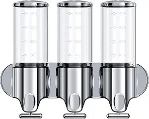 3 in 1 Chamber Wall Mounted BathroomShower Pump Dispenser,Dispensers for The Shower,Shampoo and Conditioner Dispenser,Shower Dispenser 3 Chamber no Drill