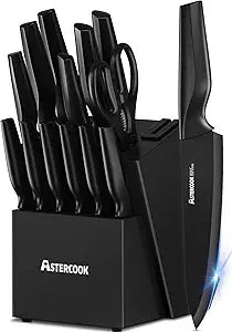 Astercook Knife Set, Kitchen Knife Set with Built-in Sharpener Block, Dishwasher Safe, 15 Pieces German Stainless Steel Knife Block Set, Black Perfect Kitchen Gifts for Mom Dad