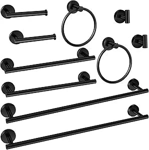 10 Piece Matte Black Bathroom Hardware Set, Towel bar Set Include 24 inch Silver Towel bar, Bathroom Towel Rack, Towel Ring, Toilet Paper Holder, Towel Hook, Bathroom Accessories Set