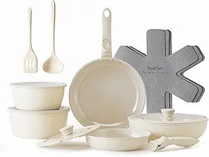 Redchef Ceramic Pots and Pans Set, Nonstick Kitchen Cookware Set with Detachable Handle, Non Toxic Cookware Set 16pcs, PFAS PFOA & PTFE Free, RV Ceramic Cookware for Camping, Dishwasher/Oven Safe