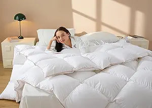Down Comforter King Size  All Season Medium Weight Fluffy White Duvet Insert, Warm Feather Bedding, Soft 100% Cotton Cover, 90x106 Inch