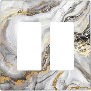 White Gold Marble Pattern Double Rocker Light Switch Plate Decorative Electrical Wall Plates, 2 Gang Light Switch Cover Plate 4.6" X 4.5" For Kitchen Bedroom Home Decor