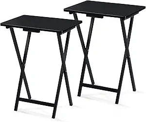 PJ Wood 2-Pack Folding TV Tray Set, Black - Collapsible Portable Snack Serving Tables, Home Furniture for Living Room, Bedroom, and Kitchen