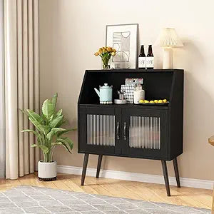 Kitchen Accent Console Table Buffet Cabinet, Side Dining Table, with Open Shelf & Tempered Glass Door MDF+Glass for Home Kitchen Dining Room Hallway Black