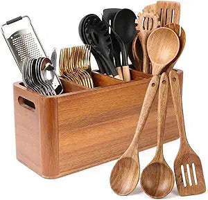Kitchen Utensil Holder for Countertop with 3-Piece Wooden Utensil Set, Extra Large Acacia Wood Utensil Organizer, 4-Compartment Storage for Cooking Utensils, Silverware and Cutlery