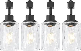 4 Pack H Track Lighting Heads - Modern Track Heads for Kitchen, E26 Track Light Fixtures with Clear Hammered/Water Ripples Glass Shade, Compatible with H-Track Rail (Black, No Bulbs)