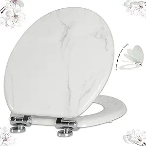 Angel Shield Marble Toilet Seat Durable Molded Wood with Quiet Close,Easy CleanQuick-Release Hinges (Round,White Marble)