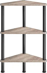 HOOBRO Corner Shelf Stand, Industrial 3-Tier Wall Corner Bookshelf with Metal Frame, Plant Display Shelf, Bookcase for Small Spaces, Living Room, Greige and Black BG30CJ01