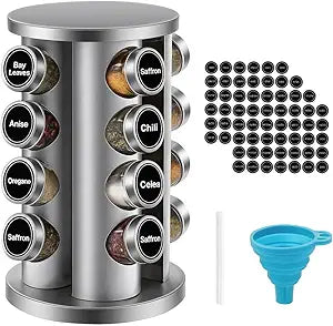 360 Rotating Spice Rack with 16 Glass Jars  Stainless Steel Countertop Seasoning Organizer with Airtight Lids, Labels, Funnel & Gift Box  Kitchen Storage for Herbs & Spices