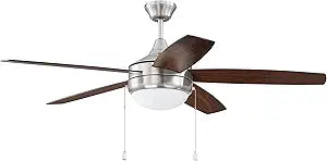 Craftmade Phaze 5 PHA52BNK5 52 Brushed Polished Nickel Ceiling Fan with Integrated LED (943 lm, 3000 K) | 5-Blade | 3-Speed Reversible Motor | Dual-Mount | Indoor Use Only