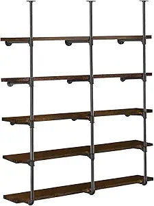 HITOMEN Industrial Iron Pipe Shelves, 3 Set 5-Tier 70.5" Tall 12" Depth, DIY Open Bookshelf Bookcase, Wall Mounted Vintage Retro Shelving, Rustic Farmhouse Pantry Kitchen Storage, Black Shelf Brackets