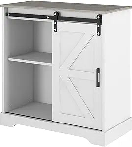 Panana Sliding Barn Door Buffet Sideboard Storage Cabinet Coffee Bar Kitchen Farmhouse Style (White Cabinet Nature Top)