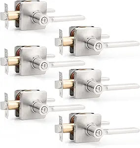 GOBEKOR Brushed Nickel Door Handles Interior Privacy Door Handle for Bedroom Bathroom Square Door Levers Reversible Keyless Door Knobs Satin Nickel, 6 Pack